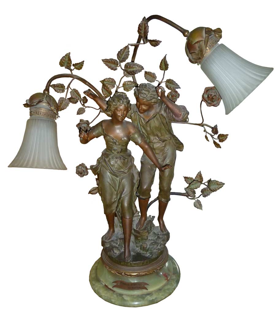  Victorian spelter figural light labeled La Miroir Indiscret par Rancoulet circa 1900.